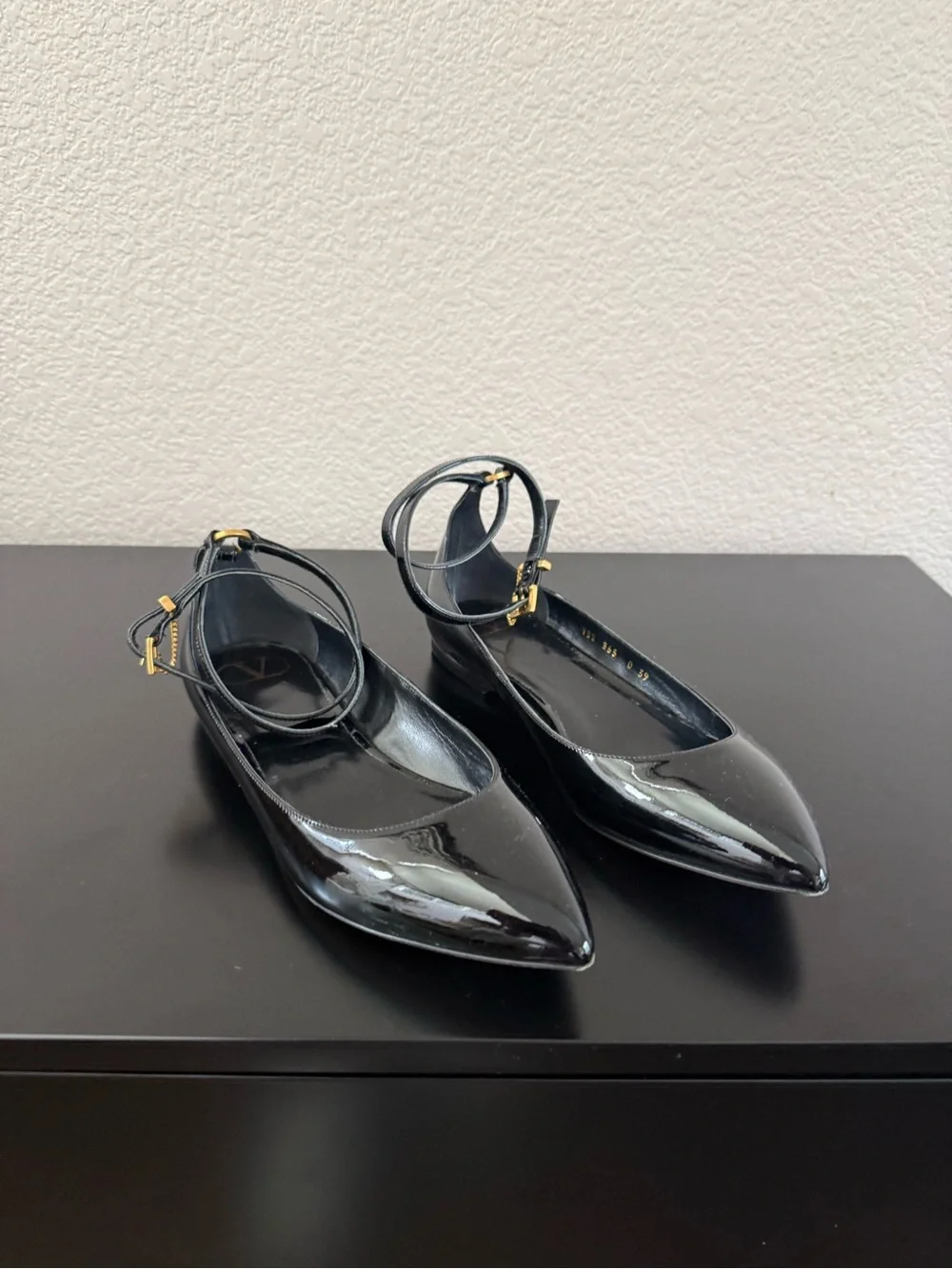 Valentino Garavani Black Patent Leather Pointed Ankle-Strap Flats